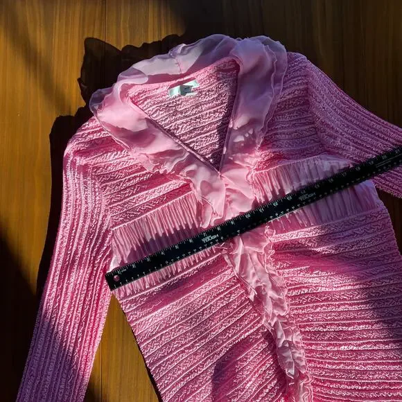 Y2K Vintage WD.NY Women’s Pink Top Textured Mesh Ruffle Blouse Top Size M - Picture 6 of 8
